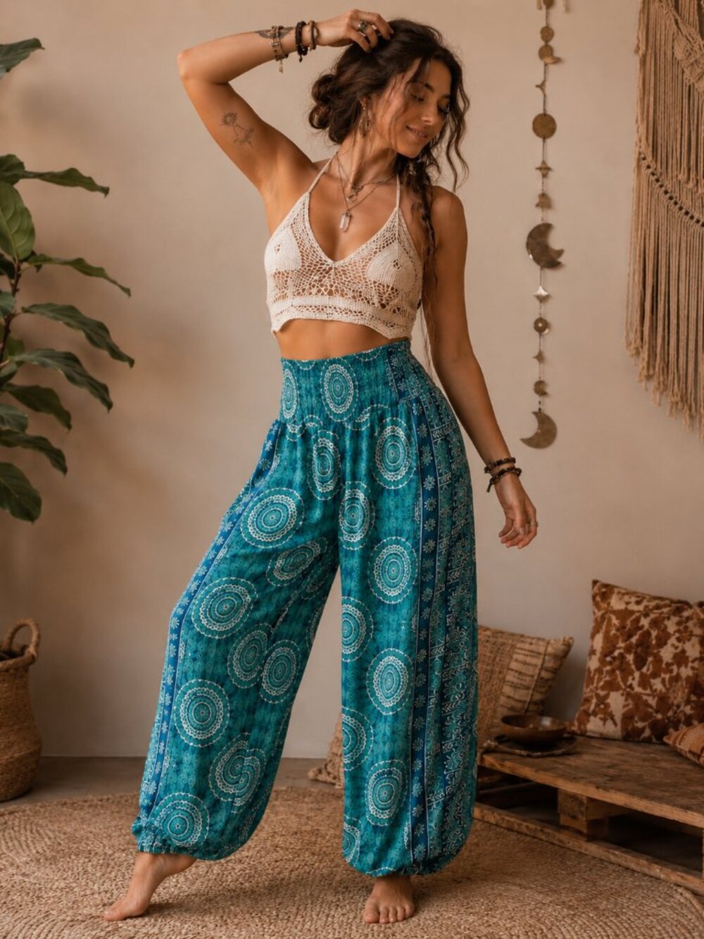 Lotus & Luna Boho Teal Patterned Wide-Leg Pants